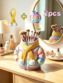 2pcs Cute Down Jacket Shaped Storage Box, Creative Makeup Organizer, Multi-Functional Desktop Stationery Holder, Aesthetic Desk Decor, Suitable For Office, Home, Student Dorm, Unique Gift For Girls (1 Storage Box + 1 Mini Scarf) - Multicolor - View 4