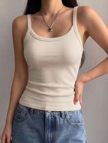 1pc Solid Color Ribbed U-Neck Spaghetti Strap Tank Top, Women's Casual Sleeveless Slim Fit Basic Camisole For Daily Wear - Apricot - View 3