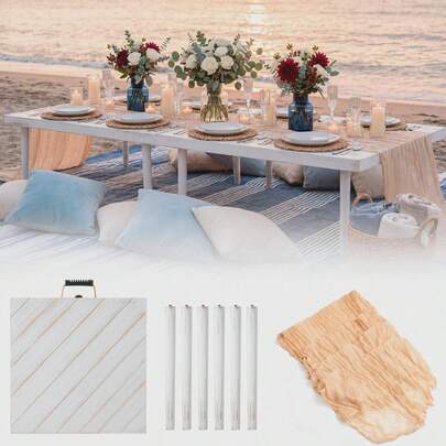 Mesa de picnic plegable grande y baja, mesa de suelo de madera maciza portátil para playa, camping y eventos de fiesta al aire libre, mueble de estilo bohemio, blanco retro con juego de camino de mesa