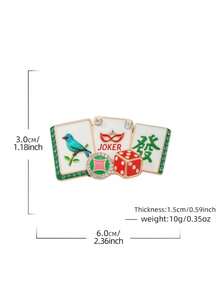 1pc Women's Fun Mahjong Brooch, Gold Enamel Clown Card & Lucky Charm Lapel Pin, Green Rhinestone Coat Scarf Accessory - Multicolor - View 5