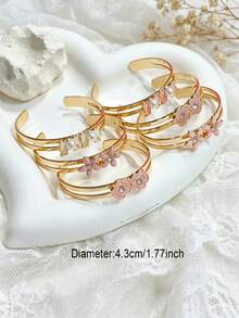6pcs Pink Tone Bracelet Set, Flower, Gradient Bowknot, Exquisite Children's Jewelry Combination, Best Friend Sister Jewelry Set, Adjustable Size Design - Gold - View 2