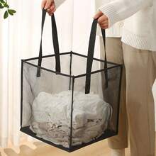 1pc Black Mesh Laundry Basket, Large Square Foldable Dirty Clothes Hamper, Portable Single/Double Layer Handheld Household Bathroom Laundry Storage - Multicolor - View 5