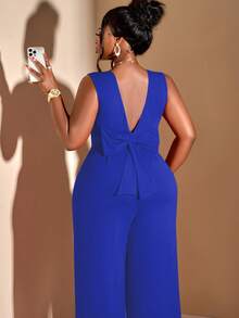 Plus Size Sleeveless V-Neck Jumpsuit, Royal Blue Knit Fabric High Elasticity, Open Back Bow Detail, Wide Leg Design, Fashionable And Comfortable - Bright Blue - View 2