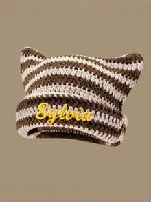 1pc Customized Striped Bucket Hat, Face-Covering Warm Bucket Hat, Cat Ear Ruffle Hat, Outdoor Autumn/Winter Hat, Simple Women's Sun Hat - Black - View 4