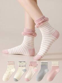 ZUJO 5 Pairs Sweet Women's Lace Mid-Calf Socks, Striped & Ditsy Floral Pattern, Simple Comfortable Breathable, Suitable For Spring, Autumn, Winter Wear - Multicolor - View 2