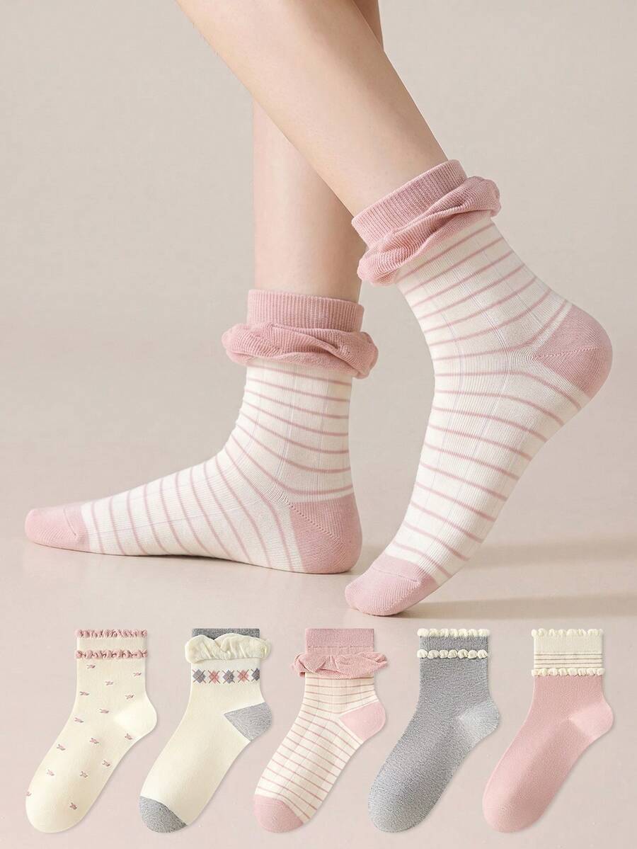 ZUJO 5 Pasang Kaos Kaki Renda Setengah Betis Wanita yang Manis, Motif Garis dan Bunga Kecil, Sederhana, Nyaman, dan Bernapas, Cocok untuk Dipakai di Musim Semi, Gugur, dan Musim Dingin - MultiWarna - View 1