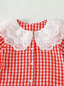 Girls Red Plaid Lace Large Collar Long Sleeve Shirt & Strawberry Embroidered Loose Wide Leg Denim Jeans 2pcs Set, Spring/Autumn - Red - View 4