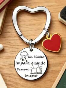 1pc/6pcs/15pcs/24pcs Italian Engraved Keychain, Red Heart Pendant, Teacher Appreciation Gift, Heart Key Ring Commemorative Charm - Silver - View 4