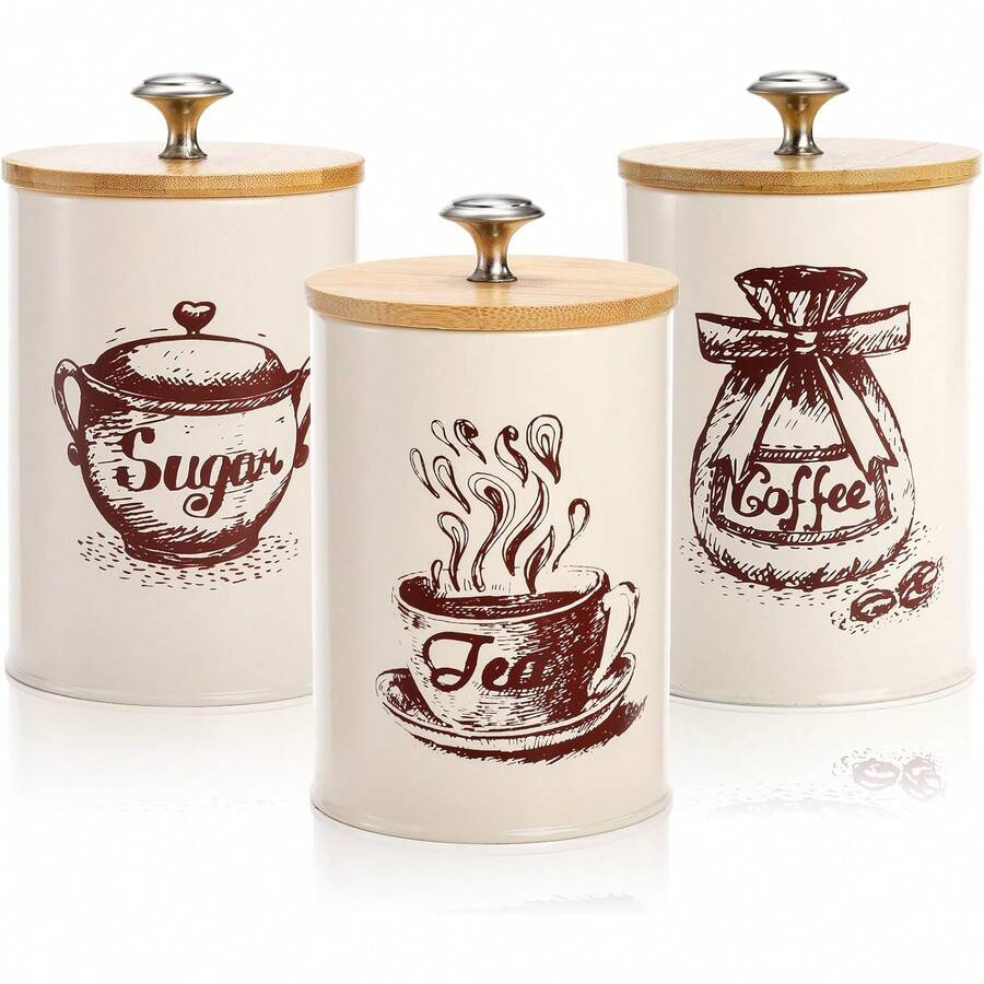 3pcs Sugar, Tea, And Coffee Canisters, Dust-Proof Bamboo Lid Containers, Multi-Functional Storage Boxes, Home Decor Jars, Mason Candle Jars, Pink Tea And Coffee Additive Containers With Lids, Kitchen Supplies - View 1