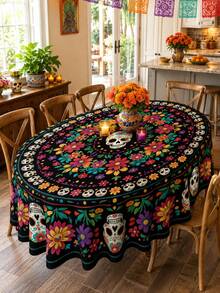 1PC Day Of The Dead Round Table Cloth, Colorful Sugar Skull Floral Print Polyester Tablecloth, Mexican Style Dining Table Cover For Kitchen, Dining Room, Day Of The Dead Party, Halloween, Holiday Gathering And Indoor Outdoor Home Decor - Multicolor - View 6