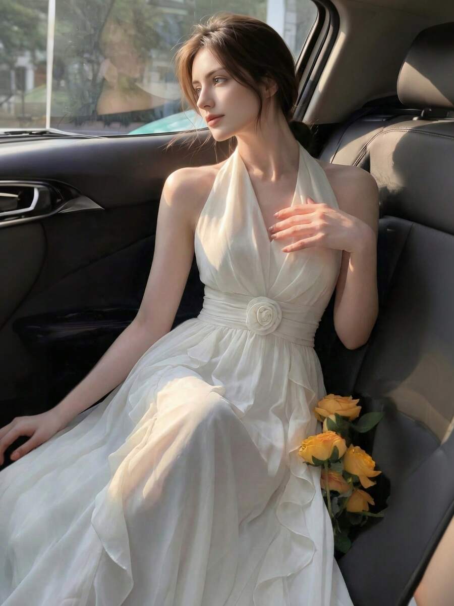 Elegant Ruffled Chiffon Spaghetti Strap A-Line Dress, Backless Design, Suitable For Birthday Party, Evening Gala, Beach Vacation Wedding Spring Fall - Apricot - View 1