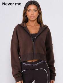 Never me Women's Sports Full Zip Hooded Short Jacket, Dropped Shoulder Loose Fit Cropped Sweatshirt For Casual Fitness - Coffee Brown - View 7