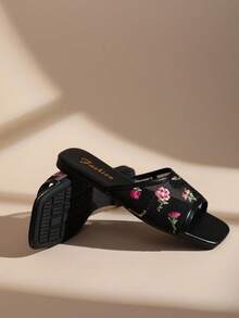 French Floral Mesh Square Toe Flat Slip-On Sandals For Women, Summer Outdoor Fairy Style Vacation Slippers - Black - View 1