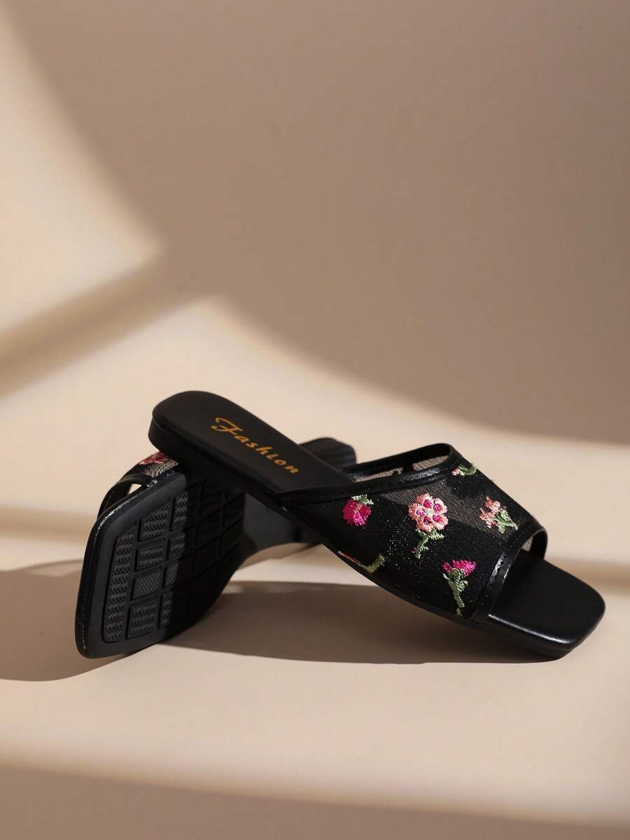 French Floral Mesh Square Toe Flat Slip-On Sandals For Women, Summer Outdoor Fairy Style Vacation Slippers - Black - View 1
