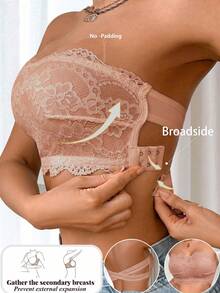 Women's Bandeau Lace Bra, Wireless Cross Back Support, Anti-Slip Side Support, Adjustable Buckle, No Padding Bandeau Bra, Suitable For Matching With Dresses And Tops - Champagne - View 2