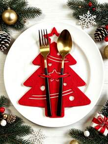 24pcs Set/Christmas Tree Cutlery Holder, Felt Christmas Tree Fork Pouch, With Hollow-Out Five-Pointed Star Embellishments, Holiday Party Table Decoration Supplies Set, Suitable For Home Dining Table Decor - Christmas Tree Placemat - View 4