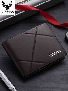 VINCESS Men's Genuine Leather Wallet, Fashionable Slim Card Holder With Multiple Slots And RFID Blocking, Cowhide Coin Purse, Fashionable Geometric Design, Casual Fashion Daily Use, Perfect For Men's Holiday Gift, Valentine's Day Gift - Black - View 8
