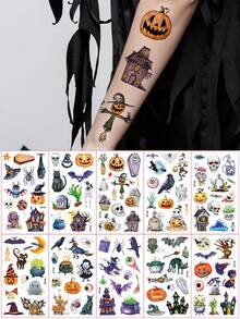 10 Lembar, Stiker Tato Pola Kartun Halloween, Tato Sementara Pola , Hantu, Kelelawar, Zombie, Kucing yang Lucu, Stiker Tato Palsu Tahan Air untuk Riasan Pesta Halloween - MultiWarna - View 12