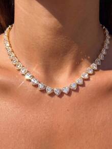 1pc Gold Heart-Shaped Rhinestone Tennis Choker Necklace, Crystal Chain Women's Jewelry, Shiny Romantic Comfortable, Valentine's Day Daily Party Accessory - Gold - View 1