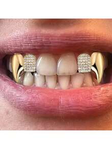 1/2pcs Copper Inlaid Zirconia Halloween Fang Grillz Hip Hop Teeth Jewelry Set, Suitable For Holiday Wear And Gift Giving - Multicolor - View 5
