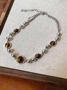 Vintage Elegant Maillard Tiger Eye Stone Beaded Layered Necklace For Women, Luxury High-End Long Sweater Chain Accessory - Multicolor - View 2