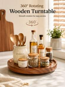 1pc Round Rotating Tray, 360° Swivel Wooden Tray, Kitchen Spice Rack, Tray, Kitchen Accessories, Kitchen Storage And Organization, Round Turntable, Wooden Tray, Spice Container, Kitchen Storage Utensils, Kitchen Decor, Turntable, Solid Wood Tray, Rotating Wooden Tray, 8-Inch Round Multi-Functional Tray, Round Wooden Spice Rack, Suitable For Kitchen Cabinets And Storage Cabinets, Housewarming Gift, Father's Day, Graduation, Birthday Gift - View 2
