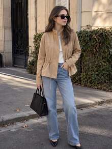 Chaqueta con cordón para mujer, elegante, unicolor, con cuello alto y manga larga, abrigo casual de calle para mujer - Caqui - Ver 6