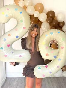 Creative Birthday Number Balloons, 2 Large 40-Inch Cream Color 0-9 Number Foil Balloons, With Colorful Heart, Confetti, Geometric Shape, Flower Stickers, Suitable For Birthday Creative Party, Anniversary Celebration, Baby Shower Decoration - 40inch - View 5