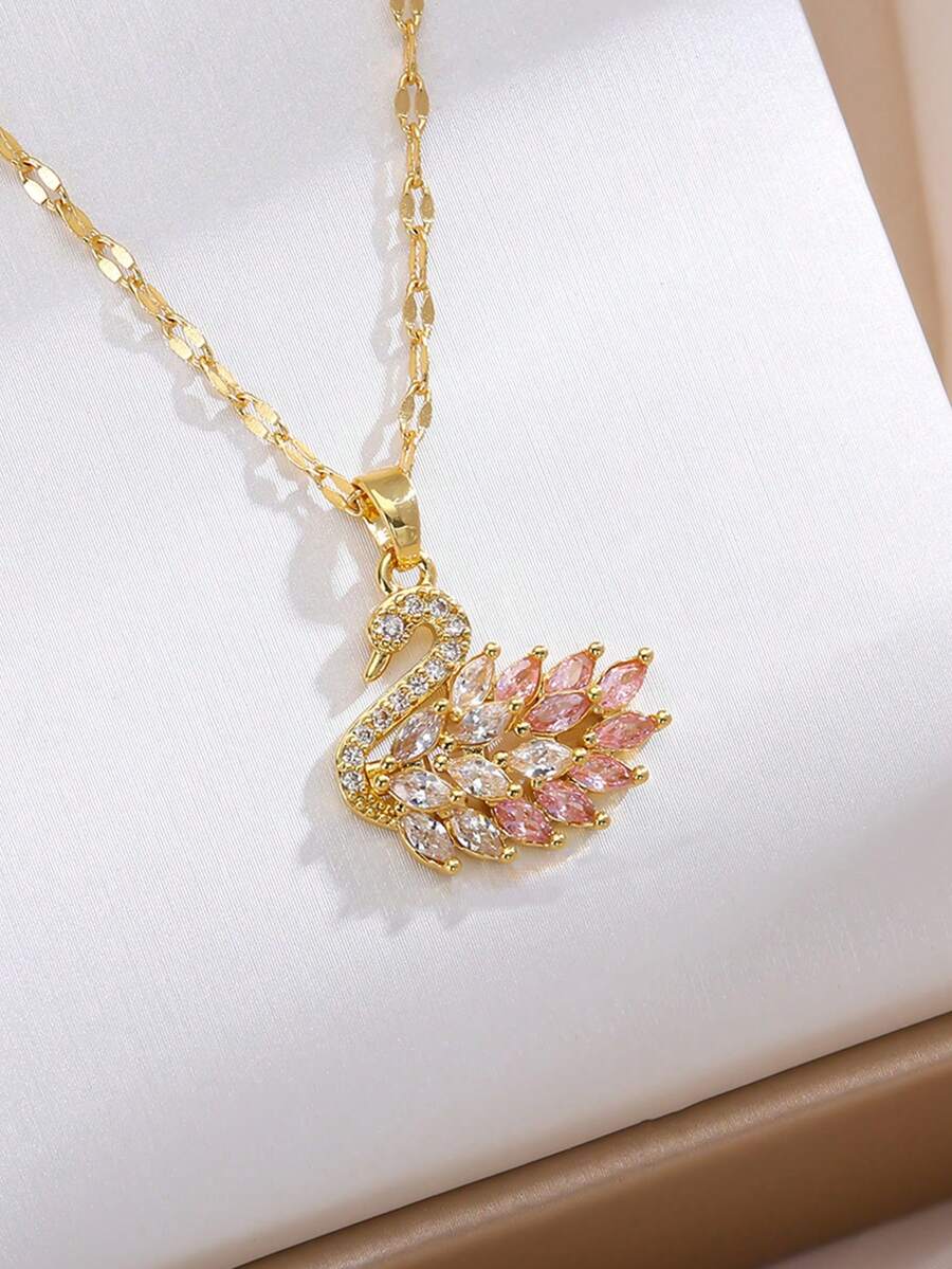 浪漫粉色立方鋯石鑲嵌天鵝吊墜項鍊,鍍金細緻鍊條,適合女性日常配戴飾品 - 粉色漸層天鵝 - 查看 1