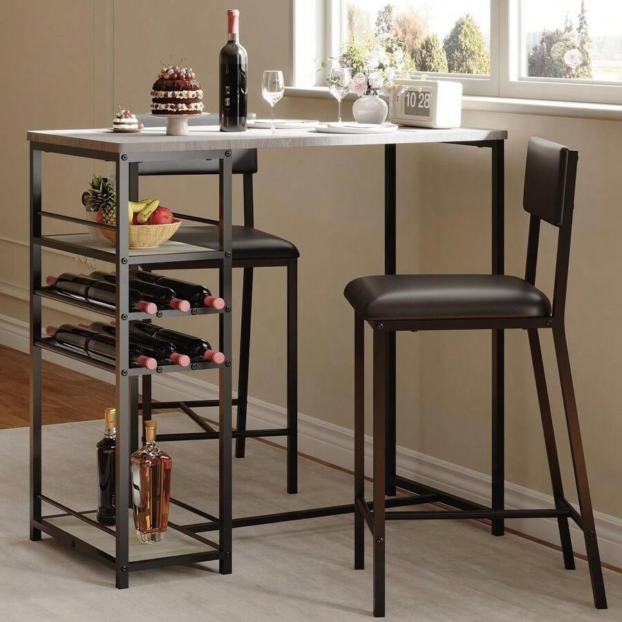 Space-Saving Industrial Dining Table Set For 2 – Upholstered Chairs, Metal Frame, Open Storage Shelves, Integrated Glass Holder – Counter Height For Restaurants, Cafés, Small Apartments - Grey - View 1