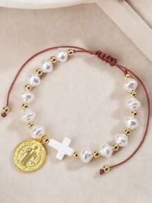 1pc Vintage Cross Baroque Faux Pearl Hand Accessory Saint Medal Gold Coin Adjustable Braided Bracelet, Exquisite Personalized Versatile Hand Jewelry Suitable For Women's Daily, Holiday, Party Wear - White - View 2