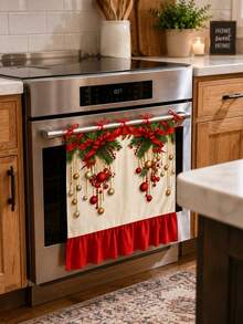 Christmas Themed Oven Door Cover, Dishwasher Panel Decorative Curtain, Polyester Material, Red Ribbon Bow & Pine Cone Print Design, With Ruffle Edge And Bowknot, Christmas Holiday Kitchen Decoration Towel, Suitable For Stove Front Winter Home Decor, Farmhouse Style Christmas Kitchen Party Supplies, Also Suitable For Dishwasher, Oven, Sink, Entryway Shoe Rack - Creamy White - View 6