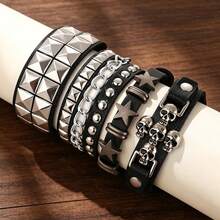 4Pcs Punk Gothic PU Leather Bracelet, Skull Star Pyramid Stud Multi-Layer Wristband, Adjustable Bracelet For Women Men, Rock Festival Party - Black - View 10