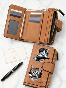 Gray Tabby Cat Design Retro Wallet, Two Fold Multi Zipper Separated Wallet, Coin Purse, Multiple Card Slots And Cash Compartments, Daily Commuting - Multicolor - View 6