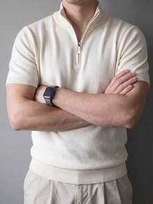 Men's Half-Zip Stand Collar Short Sleeve T-Shirt, Business Casual Knit Summer Top - White - View 3