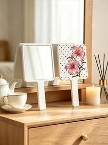 1pc Handheld Makeup Mirror, Lily Flower Pattern With Polka Dots, Square High-Definition Mirror With Handle, Portable Makeup Mirror, Suitable For Daily Makeup And Travel - Multicolor - View 6