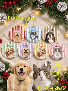 Personalized Pet Portrait Ceramic Ornament: Dog Cat Photo Striped Ornament, Cute Ornament Gift For Pet Owner, Pet Memorial Gift, Christmas Photo Ornament - White - View 1