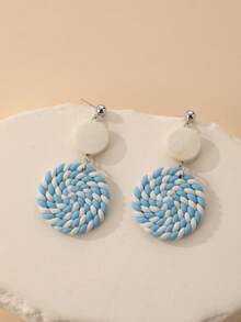 1 Pair Women's Bohemian Style Soft Clay Woven Round Pendant Earrings, Natural Wood Patchwork Contrast Color Earrings, Vintage Vacation Style Niche Earrings, Daily Wear Beach Party Date Accessories - Multicolor - View 8
