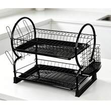2-Tier Dish Drying Rack With Drain Tray, Cutlery Holder & Cup Rack, Large Capacity Metal Kitchen Organizer – Black / Silver - Black - View 2