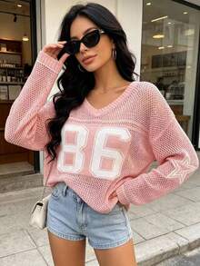 Women's Oversized Casual Knitted Pullover Sweater, Number Print Loose Airy Elegant Vibe, Suitable For Summer Couples Pink Spring - Pink - View 2