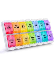 Weekly Pill Box | 2 Times Per Day Easy Open | Travel Pill Case With Button Pop-Open Design | Suitable For Vitamins And Supplements (Double Row With Tray) - Multicolor - View 4