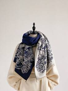 1pc Faux Cashmere Elegant Design Floral Pattern Jacquard Warm Scarf For Women, Air Conditioning Room Blanket, Autumn/Winter Outdoor Travel Cold Protection Neck Warmer, Soft Decorative Scarf Shawl Dual-Use, Suitable For Daily Matching, First Choice For Gifts - Navy Blue - View 5