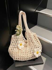 Yogodlns Women Knitted Hollow Out Tote Bags New Large Capacity Shoulder Composite Bag Weave Beach Vacation Handbags Summer Western Knitted Tote Bag For Women - Beige - View 8