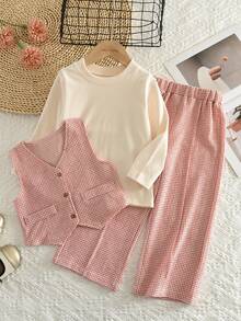 bearleader 3pcs/Set Girls Solid Color Base Layer + Red & White Plaid Tank Top + Casual Pants Autumn/Winter Fashion Outfit - Red - View 4