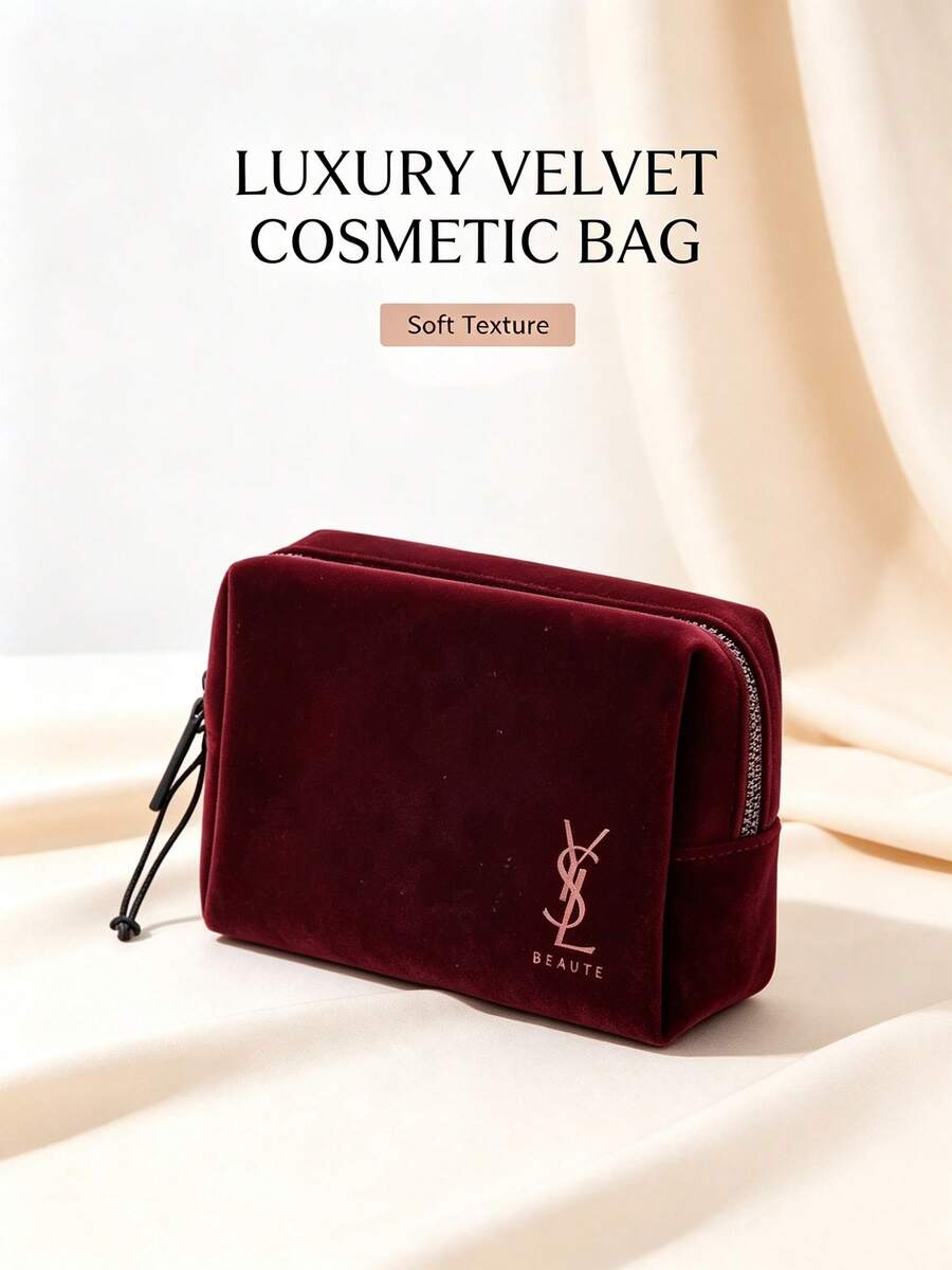 Yves Saint Laurent YSL Saint Laurent Burgundy Velvet Zipper Makeup Bag, Luxury High-End Cosmetic Storage Bag - Burgundy Velvet - View 1