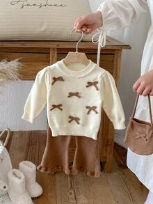 Infant & Toddler Girls Vintage Knit 2 Pieces Set, 3D Handmade Bow Petal Sleeve Pullover Top, Coffee Color Frill Trim Flare Pants, Baby Sweater Set - Apricot - View 3