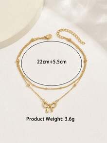 1pc Fashion Double Layer Bowknot Stainless Steel Anklet, Beach Vacation Casual Jewelry, Holiday Gift For Women - Gold - View 3