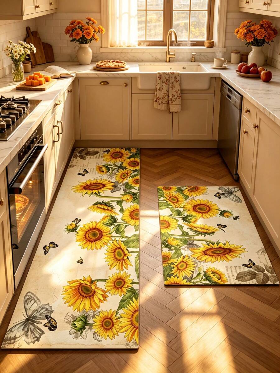1/2pcs Vintage Diatomaceous Earth Bath Mat, Autumn Sunflower Pattern, Super Absorbent, Non-Slip, Perfect For Bathroom, Kitchen And Dining Room, Quick Drying, Ideal Home Decor And Bathroom Mat Gift, Holiday Gift! - Multicolor - View 1