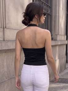 1 pieza Blusa elegante de mujer de unicolor con cuello halter, escote en V cruzado, frente retorcido, sin mangas y ajuste ceñido, adecuada para uso diario y citas - Negro - Ver 2