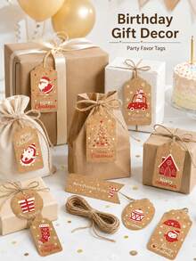 80pcs Christmas Gift Tags Cute Rustic Holiday Hanging Labels Santa Gingerbread Designs Gift Wrapping Decorations Party Favors Presents Packaging Accessories - Multicolor - View 4